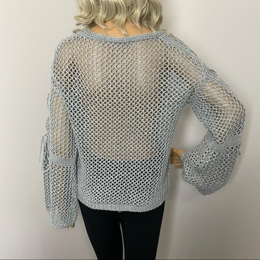 Rebecca Elliot Sweater  Crewneck – Bell Sleeves – Crisscross Lace-Up – Crocheted